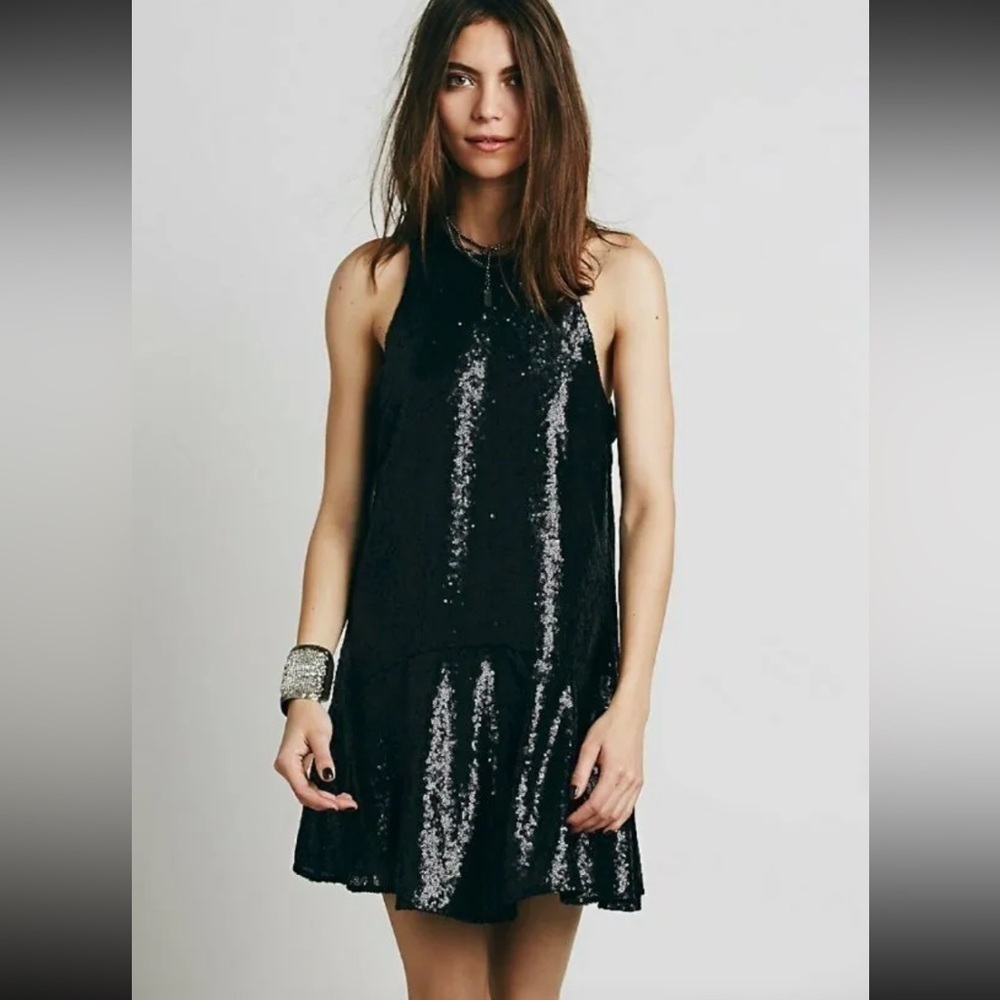 Free People Black Sequin High Neck Drop Waist Tunic Style Mini Dress